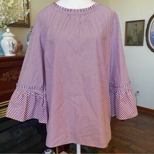 Talbots • Burgundy & White Stripe Bell Sleeve Blouse • XL